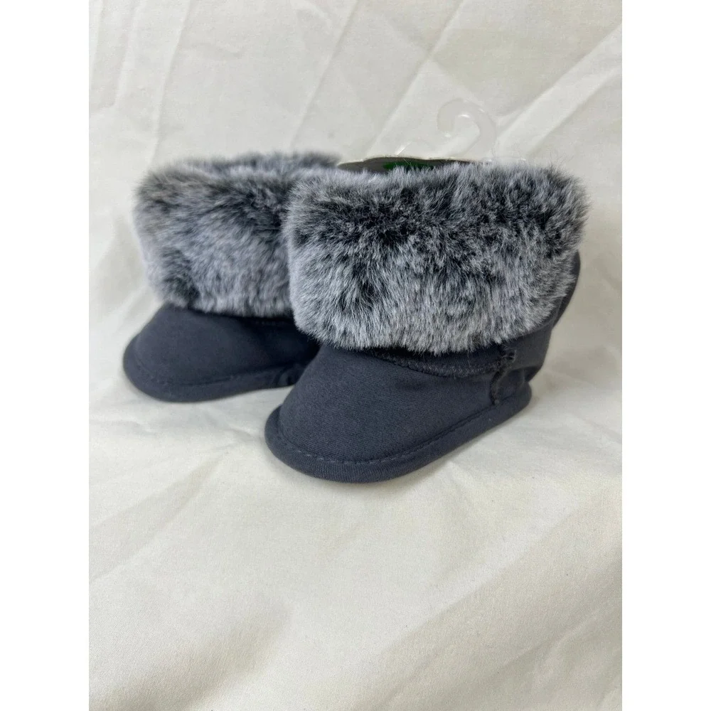 First Steps Booties Baby Size 1 Gray New Faux Fur Trim Hook Loop Closure
